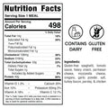 Nutrition facts label shows 498 calories per meal, with fat, cholesterol, sodium, carbs, protein vitamins info. Gluten Free Carbonara Chicken is high-protein and classic Italian comfort food. Ingredients listed; “Contains Dairy.”.