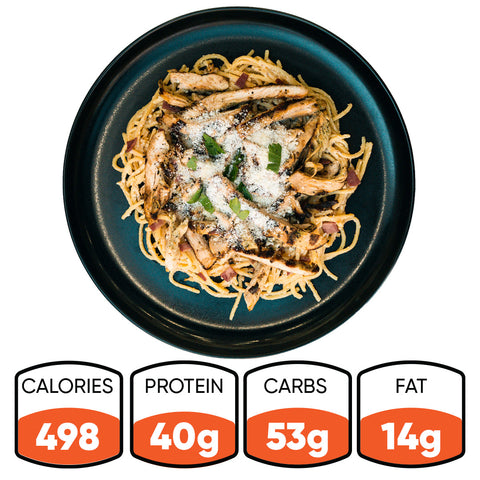 A black plate of Gluten Free Carbonara Chicken features high-protein pasta, grilled chicken strips, green herbs, and grated cheese. Nutrition: 498 calories, 40g protein, 53g carbs, 14g fat—Italian comfort food reimagined.