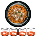 Garden Orzo Meatballs features orzo pasta in red sauce, topped with seven meatballs and grated cheese—a high-protein meal prep option with 580 calories, 33g protein, 58g carbs, and 24g fat per serving.