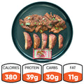 Garlic Flank Potatoes features grilled meat slices, roasted potato wedges, and a sauce packet for a high-protein meal with 380 calories, 39g protein, 30g carbs, and 11g fat.