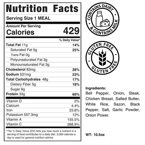 Grillin’ Gains nutrition label: High-protein meal prep with 429 calories per serving. Contains dairy, gluten free. Ingredients: bell pepper, onion, chicken steak, butter, white rice, spices. Net weight: 10.5oz.