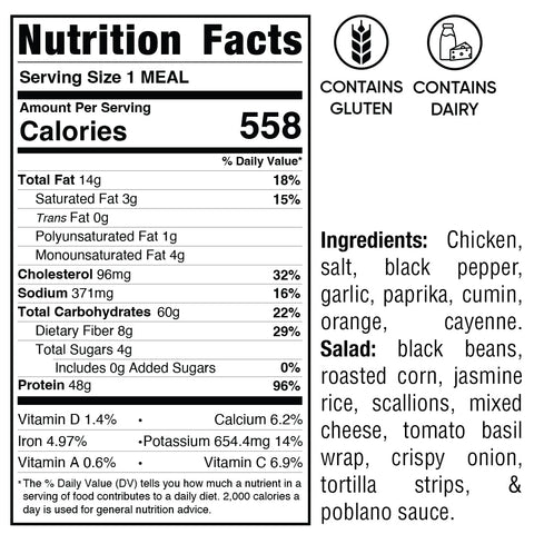 The Hey Arnold Burrito Subscription features a nutrition label with 558 calories per serving, gluten and dairy-free icons, and an ingredient list with chicken, spices, veggies, black beans, corn, and tortilla strips—ideal post-workout fuel.