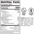 Nutrition label for Smoky Beef Sausage and Rice. Per serving: 500 calories, 20g fat, 61g carbs, 21g protein. Dairy free and gluten free icons shown. Ingredients listed to the right.