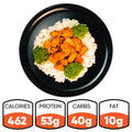 A black plate holds Thai Chili Chicken Subscription with rice, chicken, and broccoli. Nutrition icons show 462 calories, 53g protein, 40g carbs, and 10g fat—this high-protein, dairy-free meal is perfect for your subscription plan.