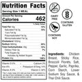 Nutrition facts label for Thai Chili Chicken Subscription—a high-protein meal with 462 calories per serving. Icons indicate it’s dairy-free and gluten-free, but contains soy. Ingredients: chicken breast, sticky rice, vegetables, seasonings.