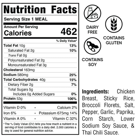 Nutrition facts label for Thai Chili Chicken Subscription—a high-protein meal with 462 calories per serving. Icons indicate it’s dairy-free and gluten-free, but contains soy. Ingredients: chicken breast, sticky rice, vegetables, seasonings.